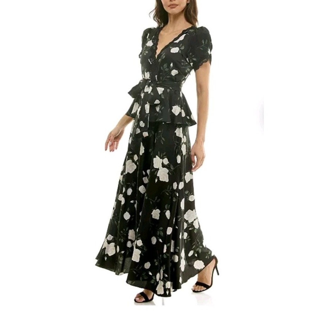 Taylor Women's Black Floral Short Sleeve V-neck Tie Waist Peplum Maxi Dress - Picture 2 of 16